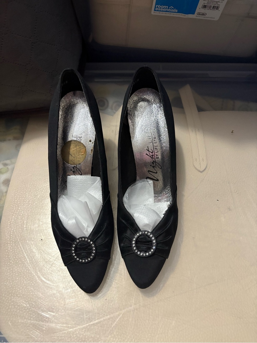 Life Stride Black Satin Pointed Toe Heels with Decorative Crystal Buckle